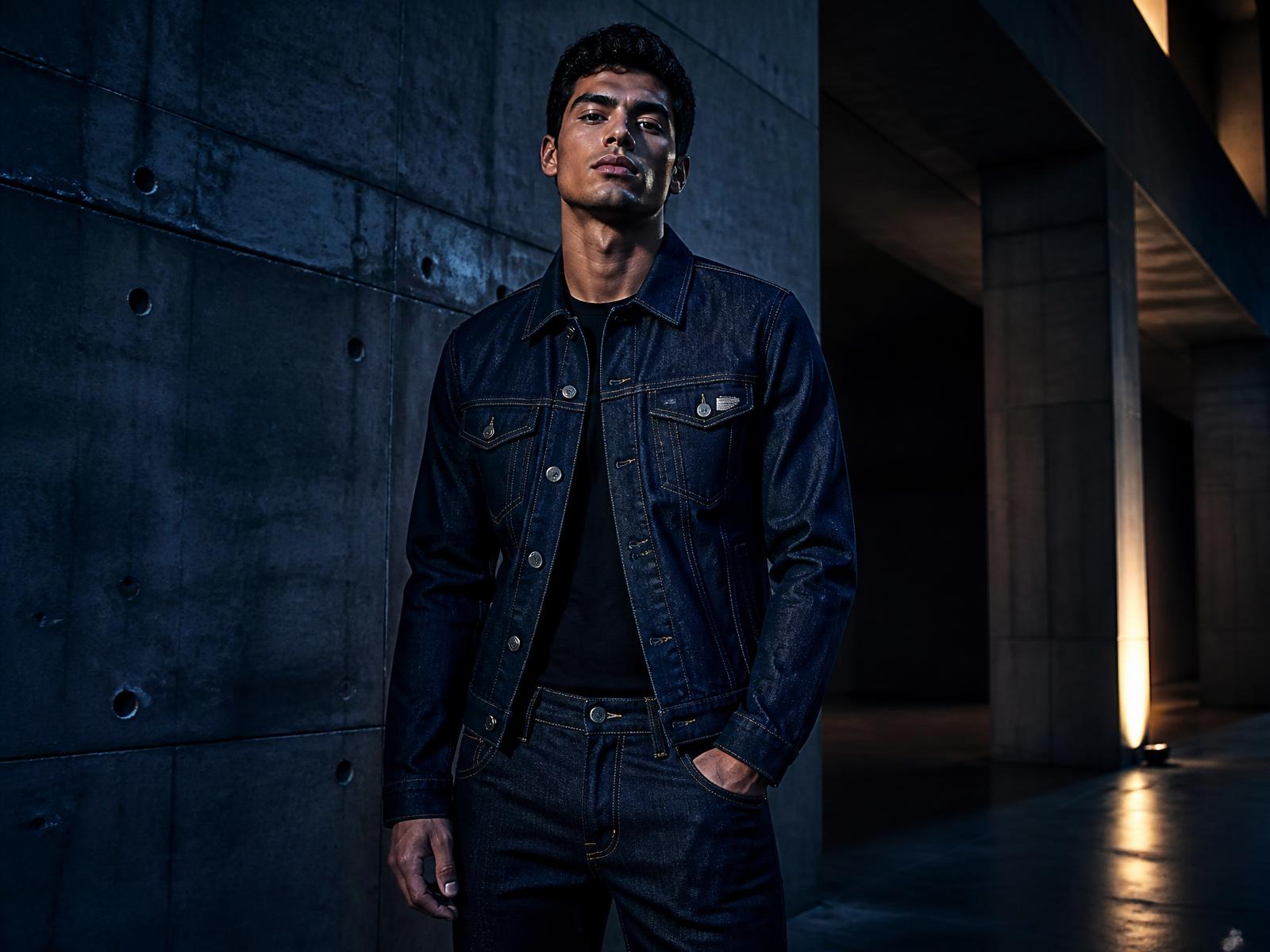 Modelo vestindo jaqueta e calça jeans da E&A Jeans